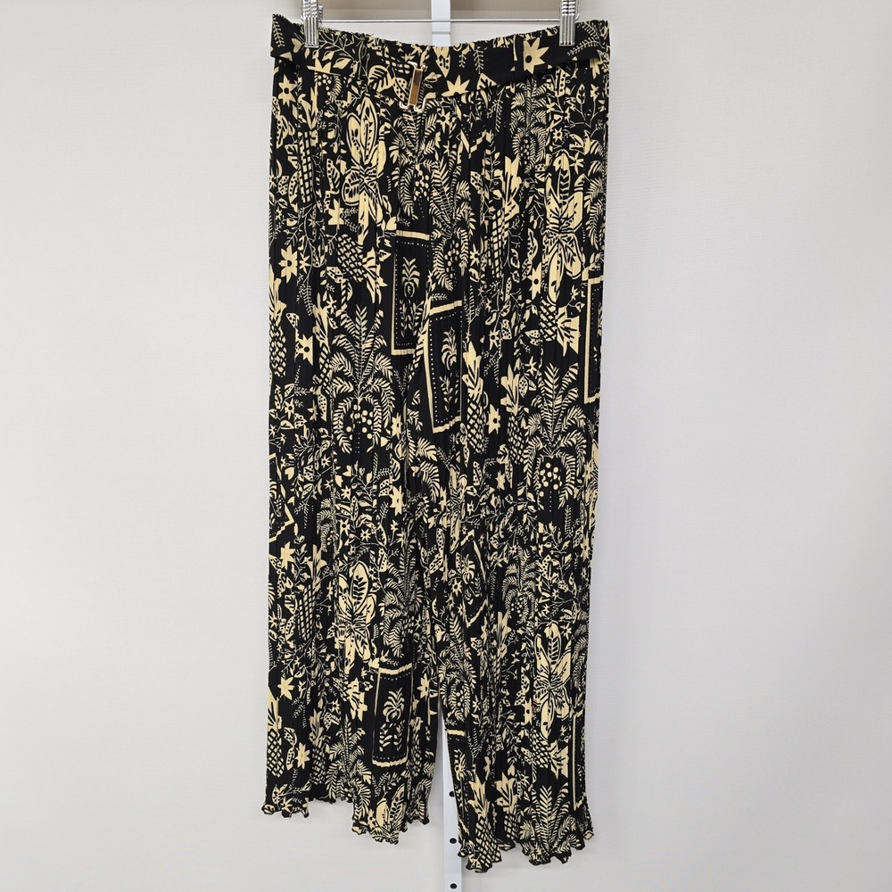 Alice Blue Women Large Black Yellow Tropical Floral Pleated Wide Leg Pants